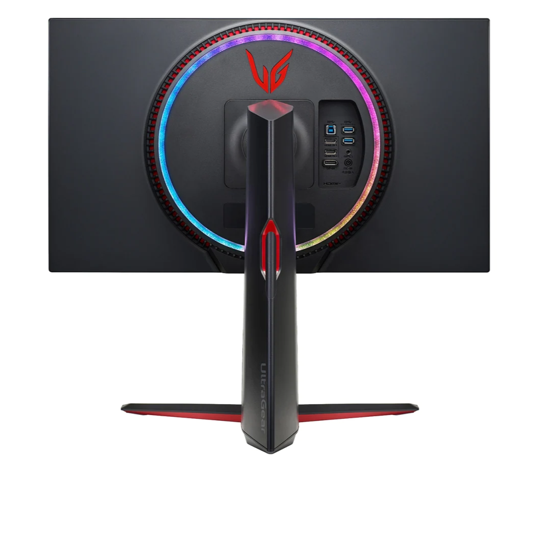 LG 27" UltraGear 4K UHD 160Hz 1ms Nano IPS Gamer Monitor hátulnézet rgb ledek bekapcsolva, 27GP95R-B