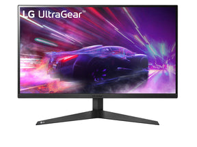 LG 27" UltraGear FHD 144Hz 1ms VA Paneles Gamer Monitor előlnézet száguldó autó és ultragear logó a kijelzőn, 27GQ50F-B