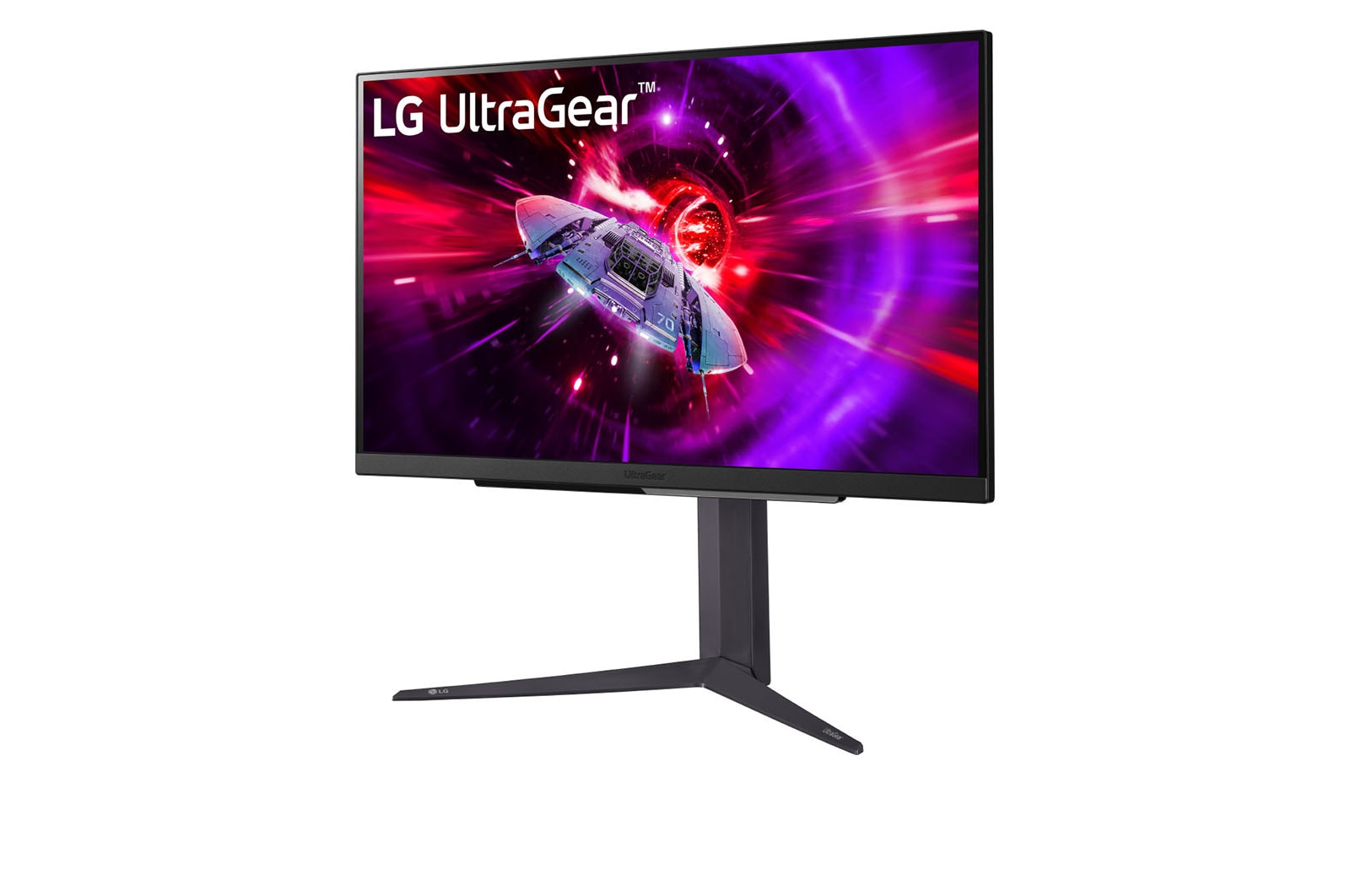 LG 27GR83Q-B Monitor előlnézetben talpon, enyhén balra fordítva. A kijelzőn űrhajó gyorsít fénysebességre féreglyukon át és ultragear logó.