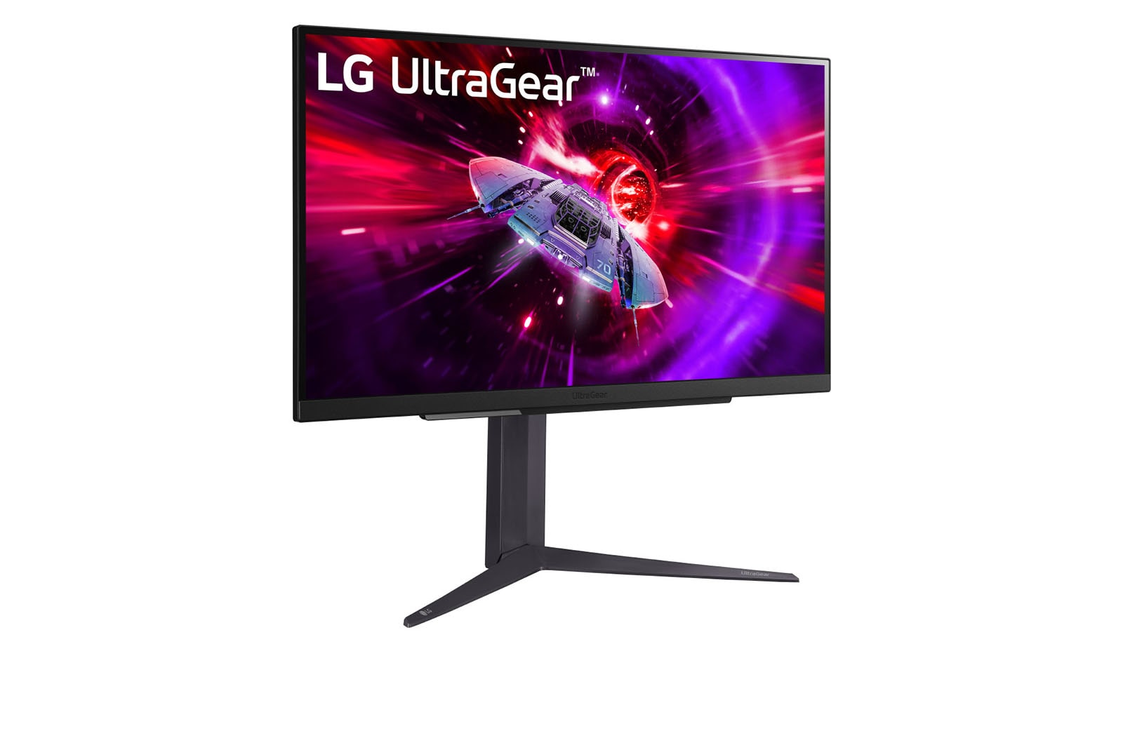 LG 27GR83Q-B Monitor előlnézetben talpon, enyhén jobbra fordítva. A kijelzőn űrhajó gyorsít fénysebességre féreglyukon át és ultragear logó.