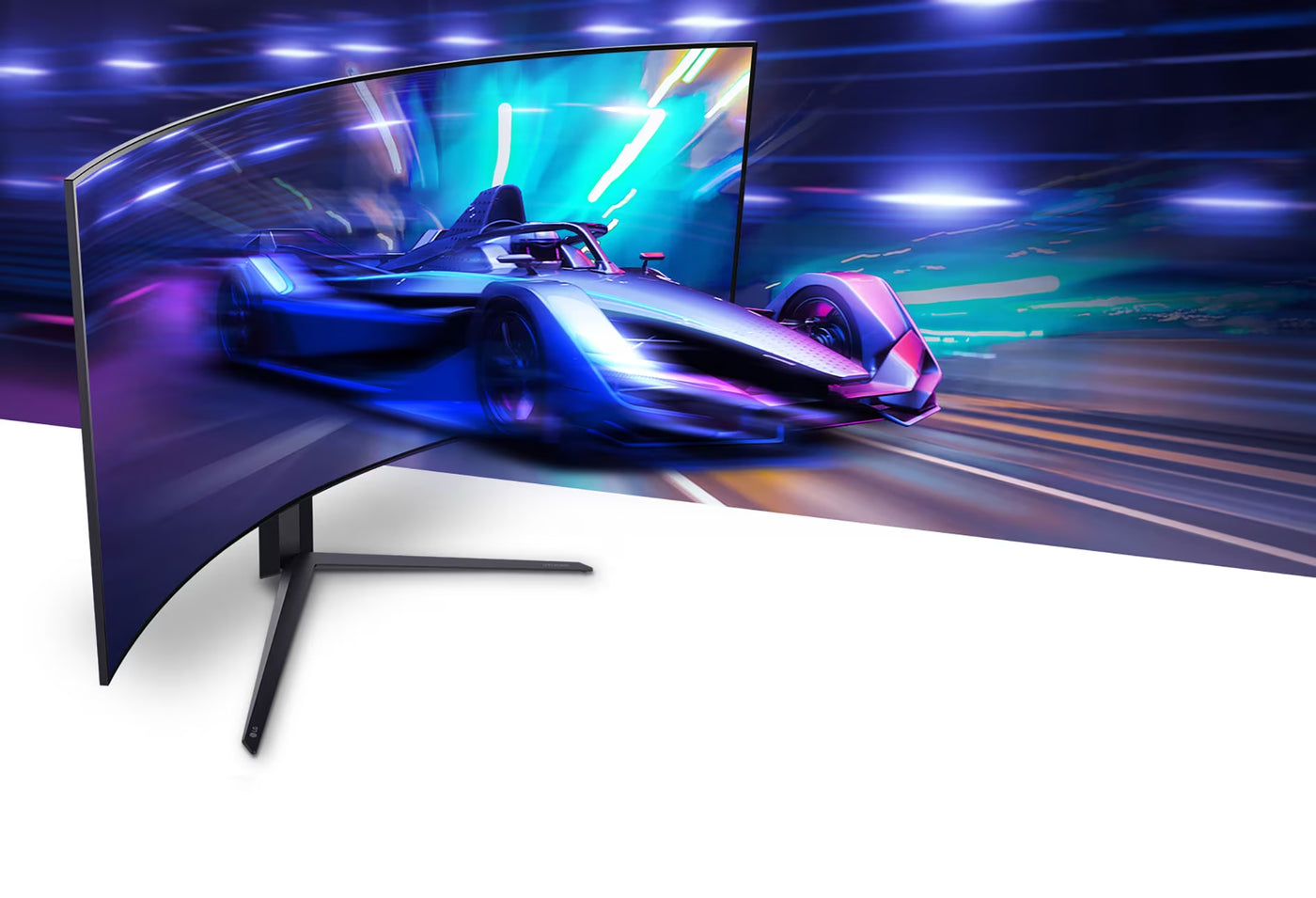 LG 27GR95QE-B Gaming monitor 240Hz képfrissítési sebessége szemléltetve a kijelzőből száguldó sportautóval.