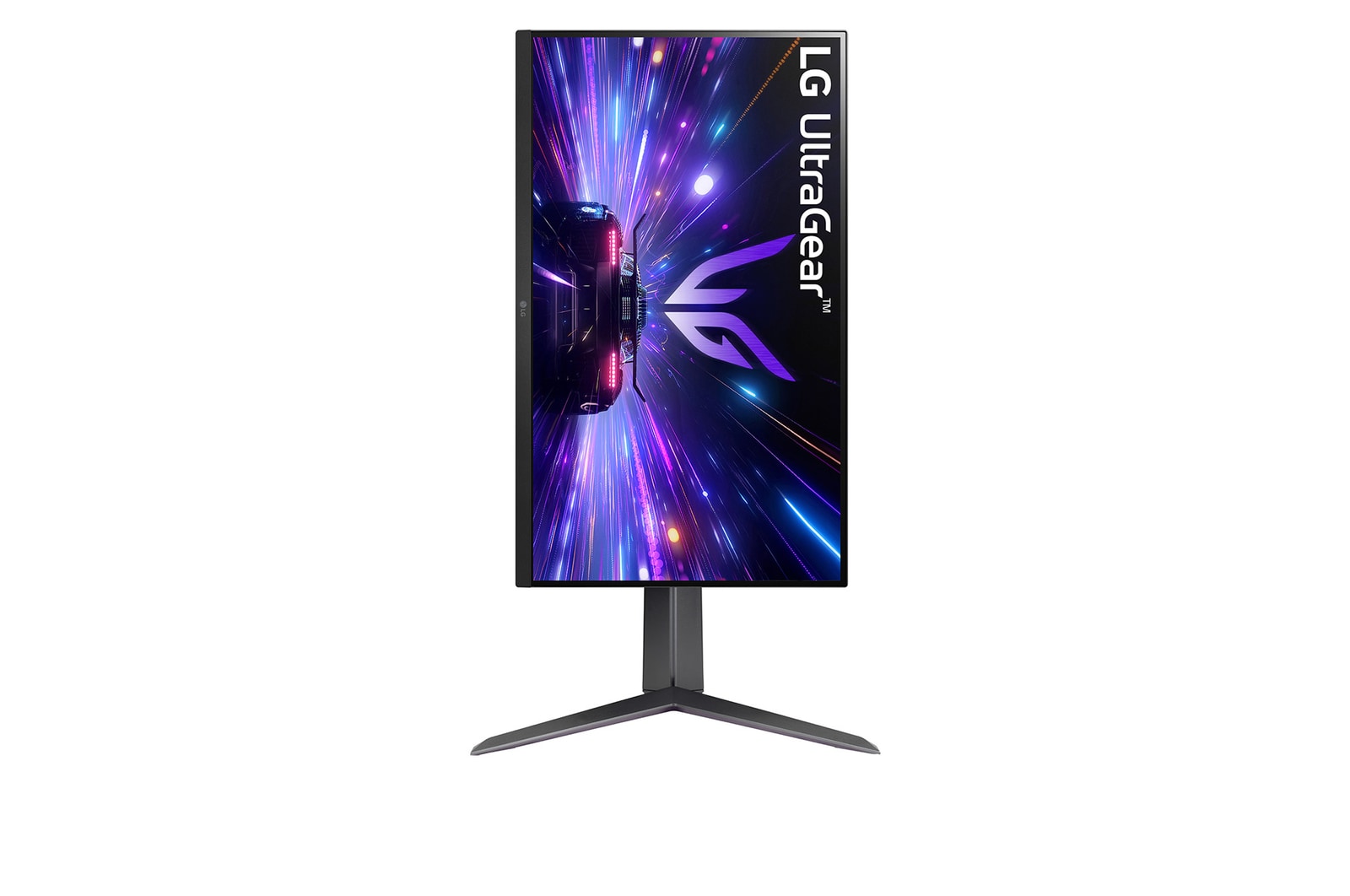 LG 27GS65F Monitor előlnézetben pivot módban elforgatva, talpon. A kijelzőn sport autó száguld lg ultragear logó alatt.