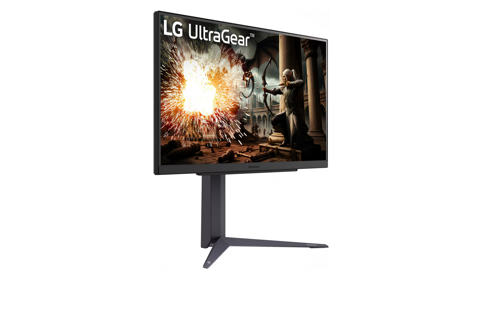 LG 27GS75Q-B Monitor előlnézetben jobbra fordítva, talpon. A kijelzőn RPG játék pillanatkép és ultragear logó.
