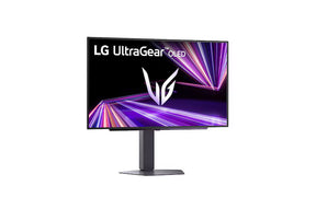 LG 27GX704A-B Monitor előlnézetben talpon, enyhén jobbra fordítva. A kijelzőn lilás absztrakt ábra és ultragear oled logó.
