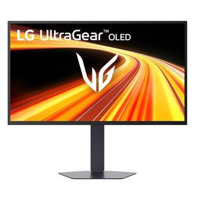 LG 27GX790B-B Monitor előlnézetben talpon. A kijelzőn narancssárgás fénycsóva és ultragear oled logó.