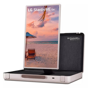 LG 27LX5QKNA monitor előlnézetben, megmelve, pivot módban elforgatva. A kijelzőn lg standbyme go logó és tengerpart.