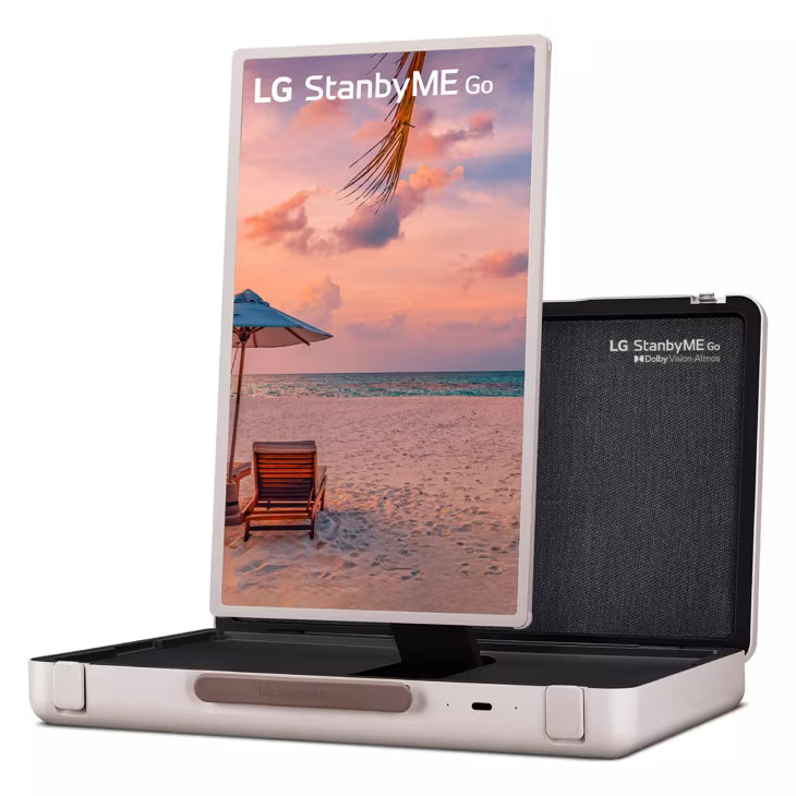 LG 27LX5QKNA monitor előlnézetben, megmelve, pivot módban elforgatva. A kijelzőn lg standbyme go logó és tengerpart.