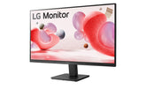 LG 27MR400-B Monitor előlnézetben talpon, balra fordítva. A kijelzőn színes formák, alakzatok és LG logó.