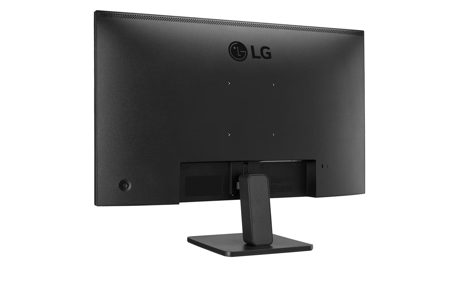 LG 27MR400-B Monitor hátulnézetben, balra elfordítva, talpon.