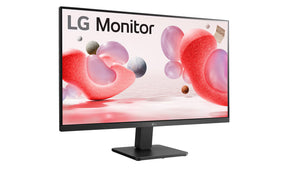 LG 27MR400-B Monitor előlnézetben talpon, jobbra fordítva. A kijelzőn színes formák, alakzatok és LG logó.
