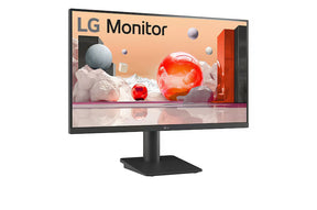 LG 27MS550-B Monitor előlnézetben, enyhén jobbra fordítva, talpon. A képernyőn színes márvány szerű alakzatok.