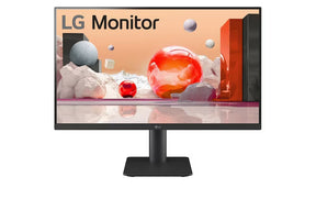 LG 27MS550-B Monitor előlnézetben, talpon. A képernyőn színes márvány szerű alakzatok.