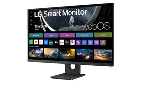LG 27SRF50F-B Smart monitor előlnézetben, talpon. Enyhén balra fordítva, smart kezdőképernyő és myview logó.