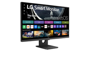 LG 27SRF50F-B Smart monitor előlnézetben, talpon. Enyhén jobbra fordítva, smart kezdőképernyő és myview logó.