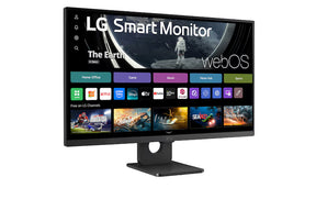 LG 27SRF50F-B Smart monitor előlnézetben, talpon. Jobbra fordítva, smart kezdőképernyő és myview logó.
