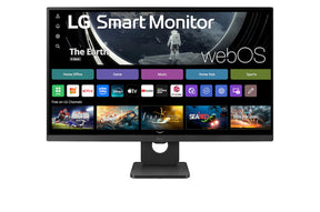 LG 27SRF50F-B Smart monitor előlnézetben, talpon. Smart kezdőképernyő és myview logó.