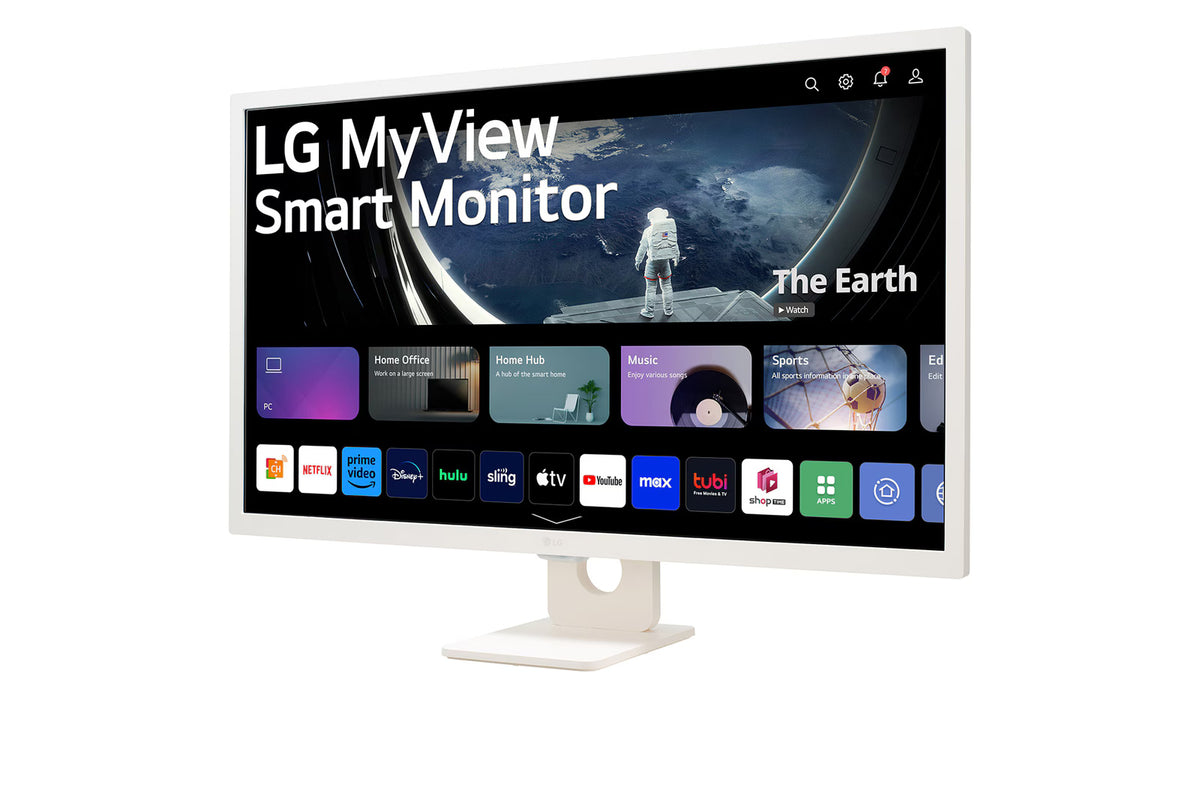 LG 27SRF50F-W Smart monitor előlnézetben, talpon. Enyhén balra fordítva, smart kezdőképernyő és myview logó.