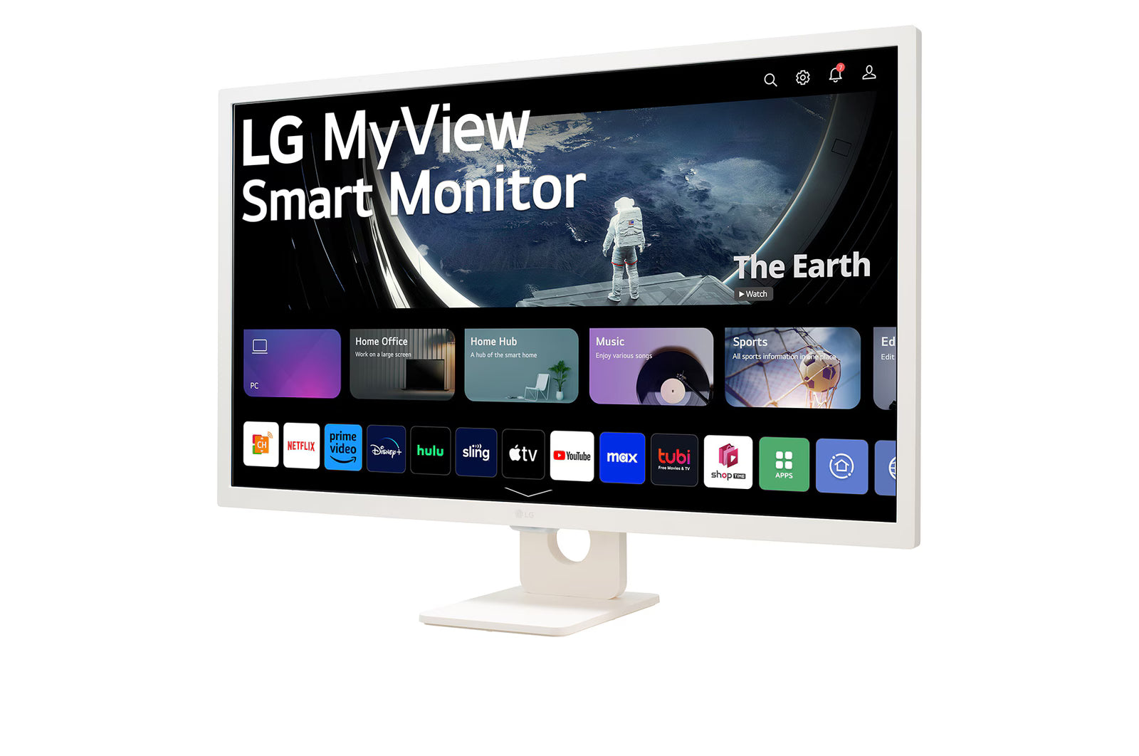 LG 27SRF50F-W Smart monitor előlnézetben, talpon. Enyhén balra fordítva, smart kezdőképernyő és myview logó.