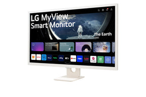 LG 27SRF50F-W Smart monitor előlnézetben, talpon. Enyhén balra fordítva, smart kezdőképernyő és myview logó.