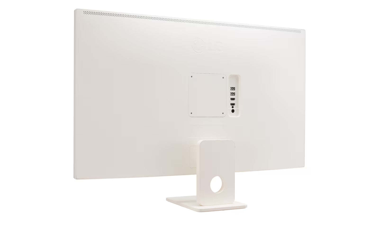 LG 27SRF50F-W Smart monitor hátulnézetben, talpon. Enyhén balra fordítva.