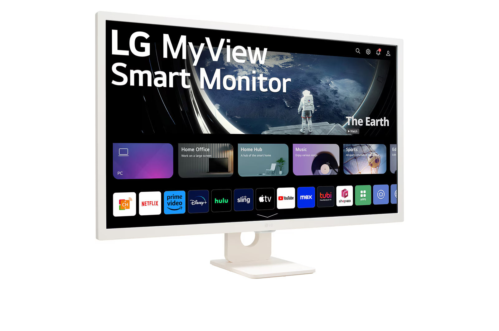 LG 27SRF50F-W Smart monitor előlnézetben, talpon. Enyhén jobbra fordítva, smart kezdőképernyő és myview logó.