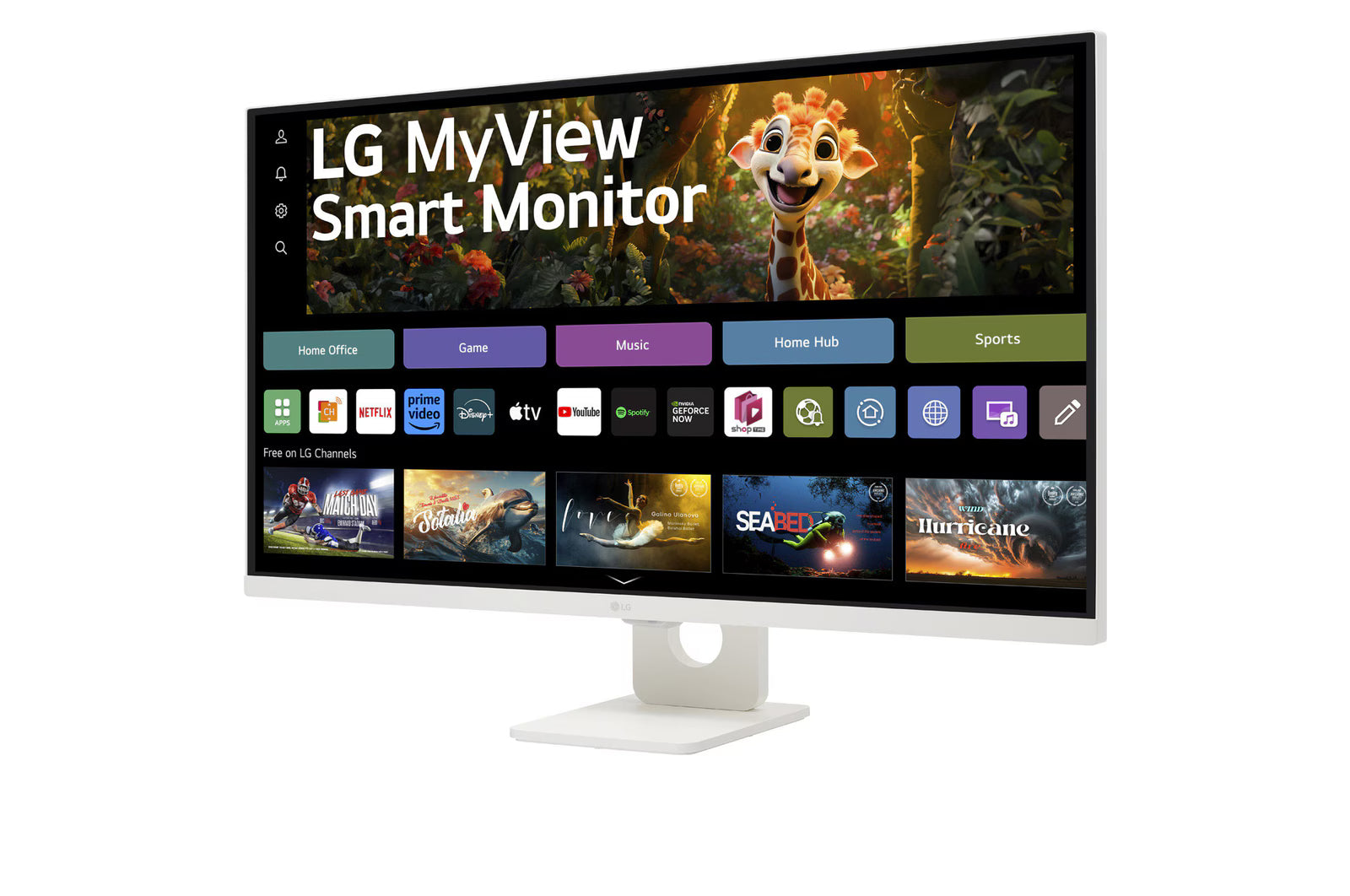 LG 27SR73U-W Monitor előlnézetben enyhén balra fordítva, talpon. A kijelzőn WebOS kezdőképernyő és myview logó.