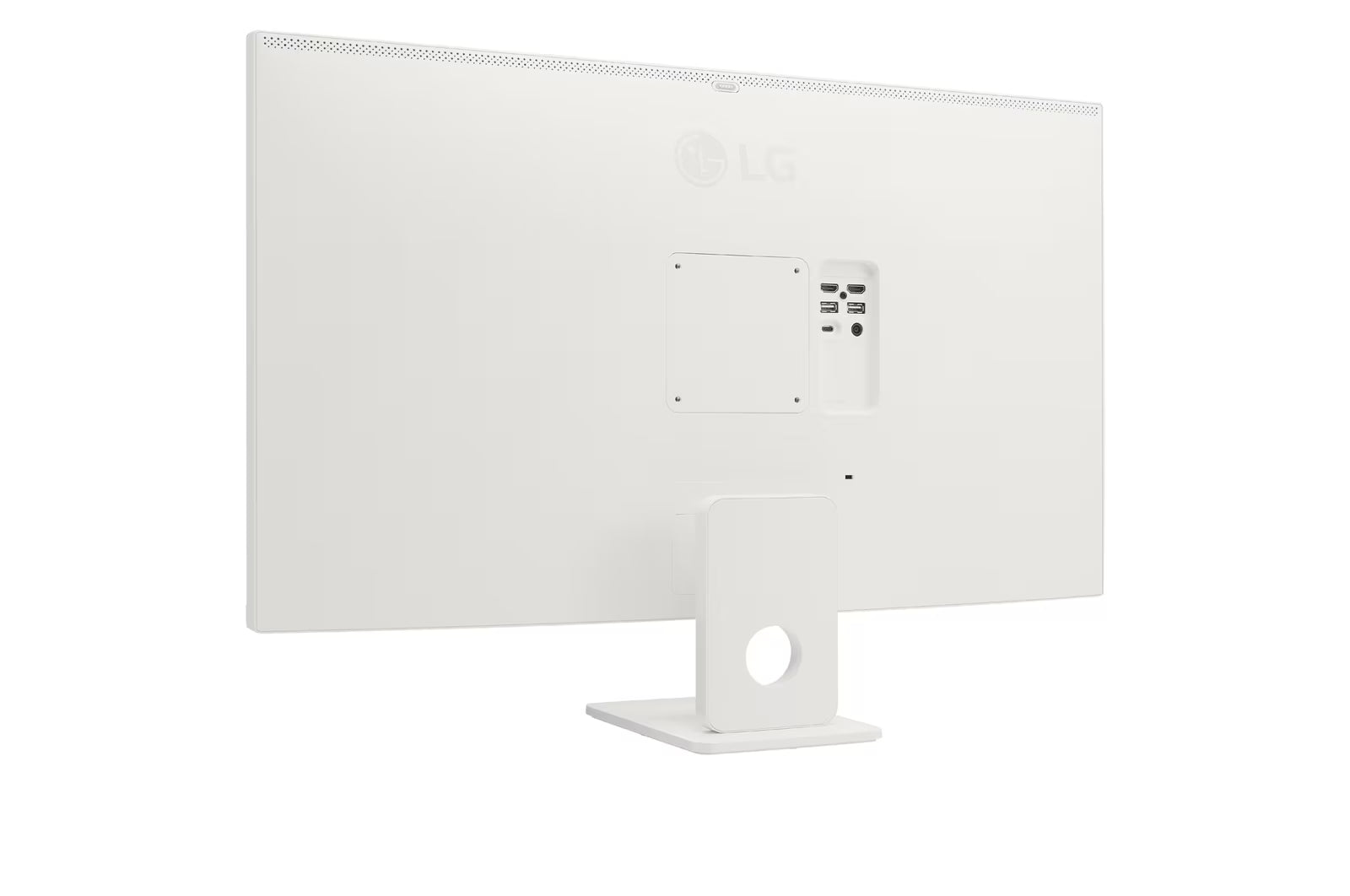 LG 27SR73U-W Monitor hátulnézetben enyhén balra fordítva, talpon.