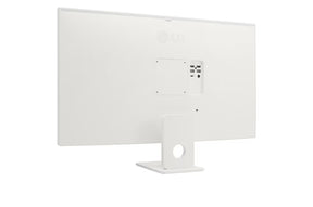 LG 27SR73U-W Monitor hátulnézetben enyhén balra fordítva, talpon.