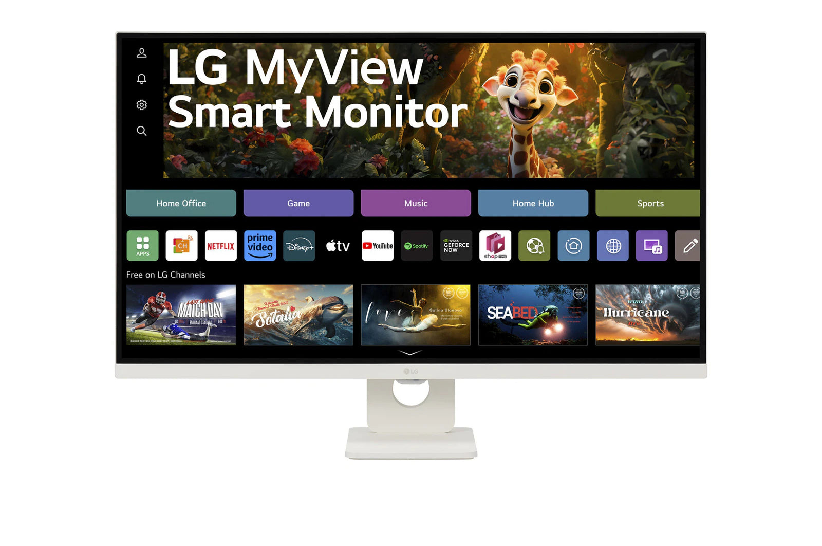 LG 27SR73U-W Monitor előlnézetben talpon. A kijelzőn WebOS kezdőképernyő és myview logó.