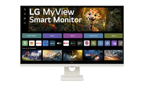 LG 27SR73U-W Monitor előlnézetben talpon. A kijelzőn WebOS kezdőképernyő és myview logó.