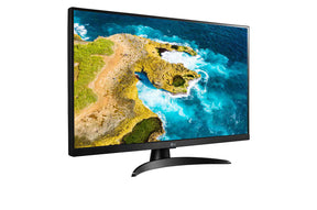 LG 27TQ615S-PZ Smart TV Monitor előlnézetben jobbra fordítva, talpon. A kijelzőn sziklás tengerpartra csapó hullámok.