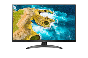 LG 27TQ615S-PZ Smart TV Monitor előlnézetben, talpon. A kijelzőn sziklás tengerpartra csapó hullámok.