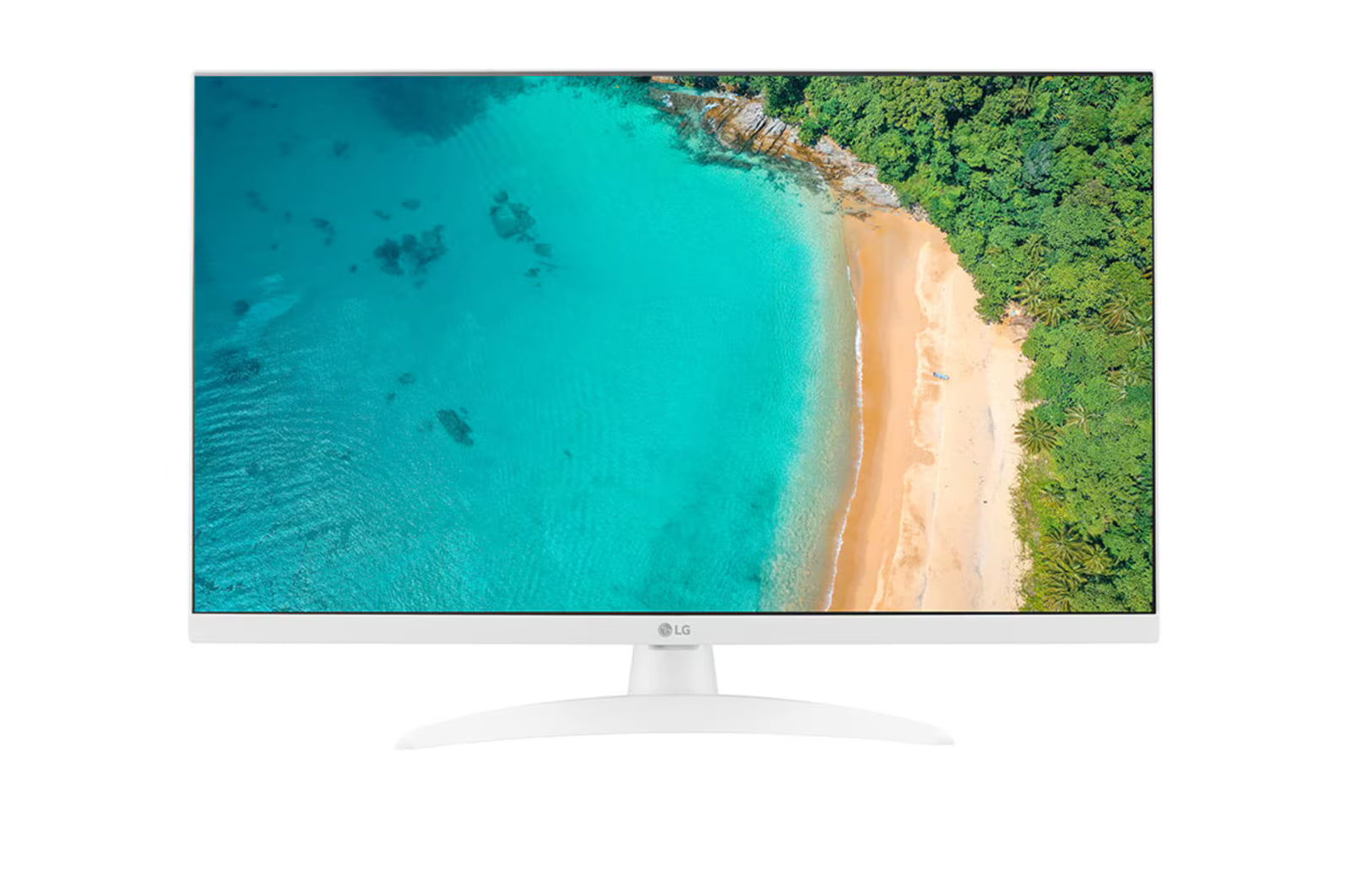 LG 27TQ615S-WZ Smart TV Monitor előlnézetben, talpon. A kijelzőn sziklás tengerpartra csapó hullámok.