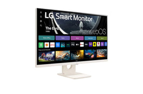 LG 27U511SA-W monitor előlnézetben talpon, jobbra fordítva. A kijelzőn Smart kezdőképernyő és webos logó.