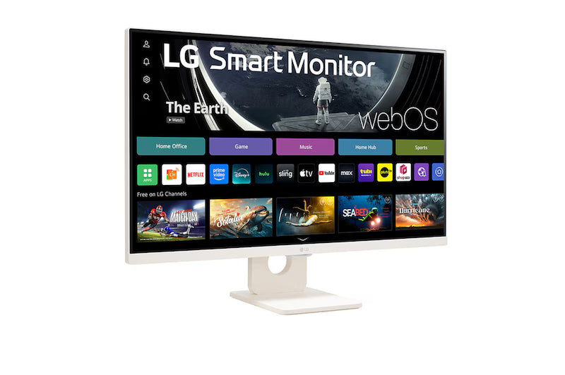 LG 27U511SA-W monitor előlnézetben talpon, enyhén jobbra fordítva. A kijelzőn Smart kezdőképernyő és webos logó.