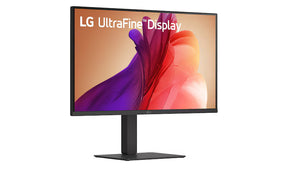 LG 27U730A-B Monitor előlnézetben talpon, enyhén jobbra fordítva. A kijelzőn ultrafine display logó.