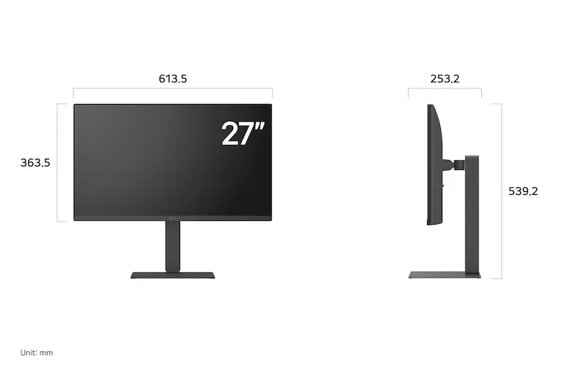 LG 27U730A-B Monitor méretei mm-ben.