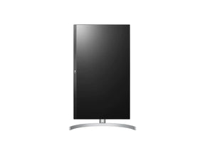 LG 27UL850-W Monitor előlnézetben pivot módban elforgatva, talpon.