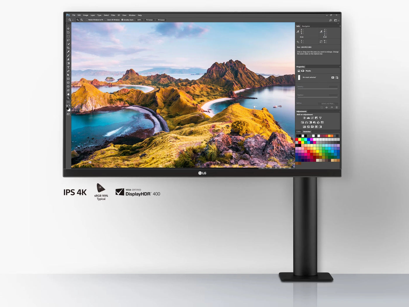 LG 27UN880P-B 4K monitor baloldalon a talphoz rögzítve, szemből nézve