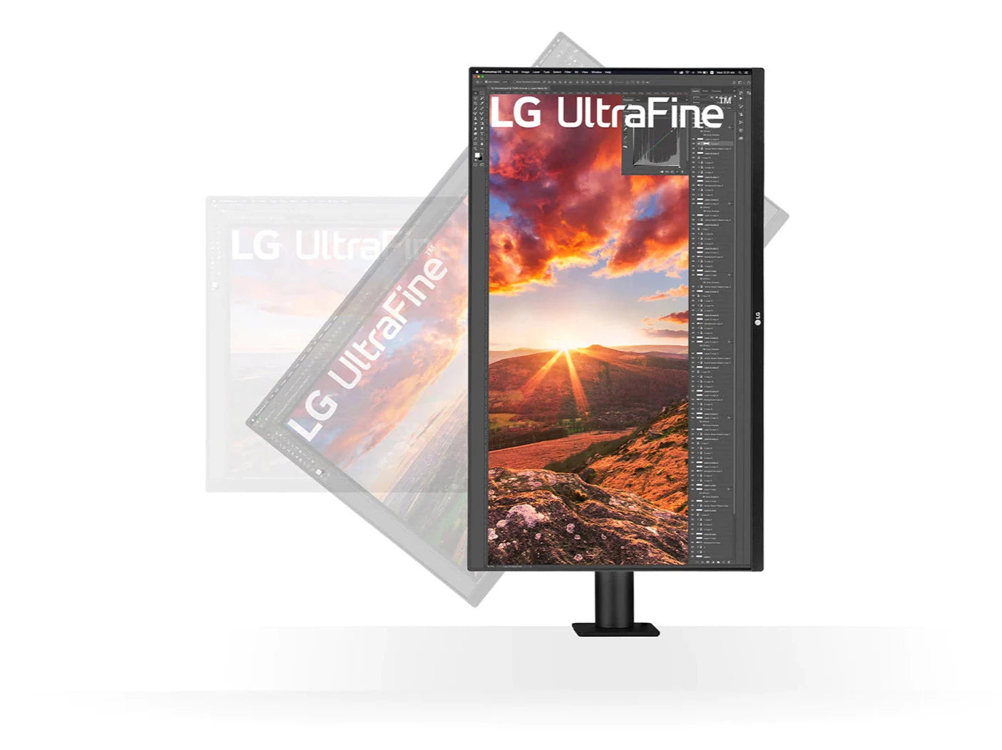 LG 27UN880P-B Monitor előlnézetben pivot módban elforgatva asztalra rögzítve. A kijelzőn naplemente egy hegyről nézve photoshopban megnyitva és lg ultrafine logó.