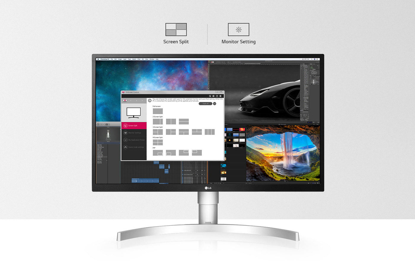 LG 27UP600-W monitor onscreen control szoftver támogatása és egyszerű menürendszere.