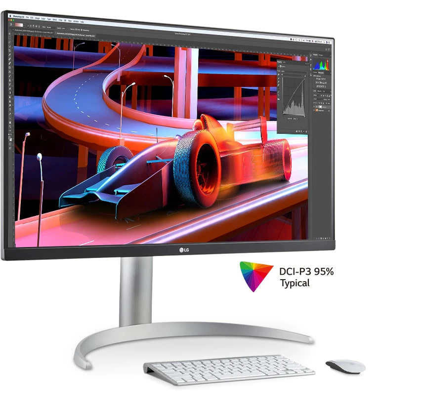 LG 27UP600-W Monitor DCI-P3 95%-os színtérlefedettsége prezentálva photoshop pillanatképen egy versenyautó újra színezésével.