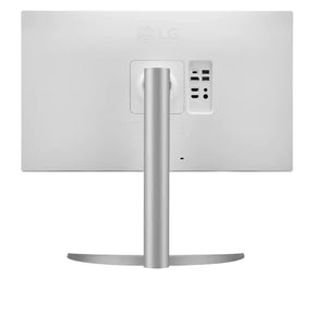 LG 27UP850N Monitor hátulnézetben, talpra szerelve.