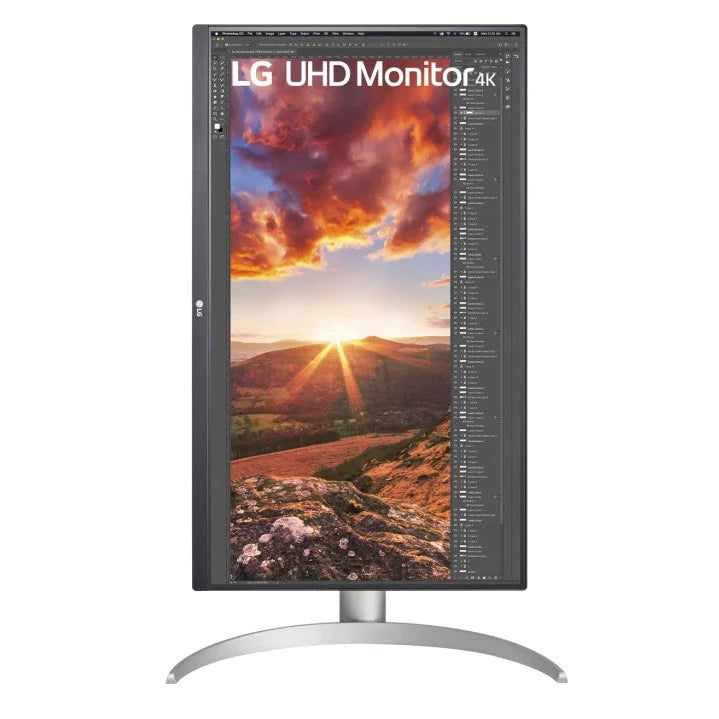 LG 27UP850N Monitor pivot módban elforgatva, talpra szerelve.