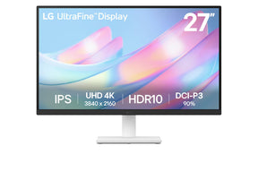 LG 27US500-W Monitor előlnézetben talpon. A kijelzőn rózsaszínes világos kék absztrakt ábra és ultrafine display logó, főbb paraméterekkel.