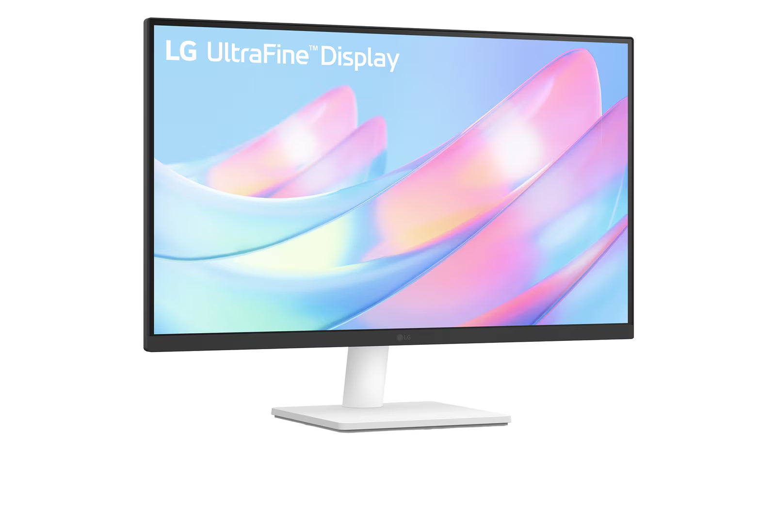 LG 27US500-W Monitor előlnézetben enyhén jobbra fordítva. A kijelzőn rózsaszínes világos kék absztrakt ábra és ultrafine display logó.