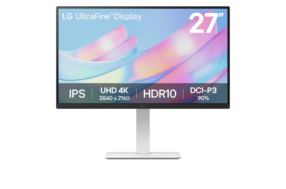 LG 27US550-W Monitor előlnézetben talpon. A kijelzőn rózsaszínes világos kék absztrakt ábra és ultrafine display logó, főbb paraméterekkel.