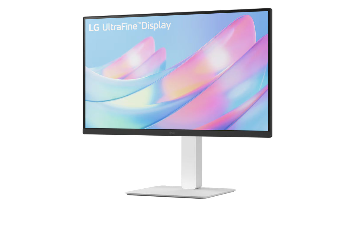 LG 27US550-W Monitor előlnézetben enyhén balra fordítva. A kijelzőn rózsaszínes világos kék absztrakt ábra és ultrafine display logó.