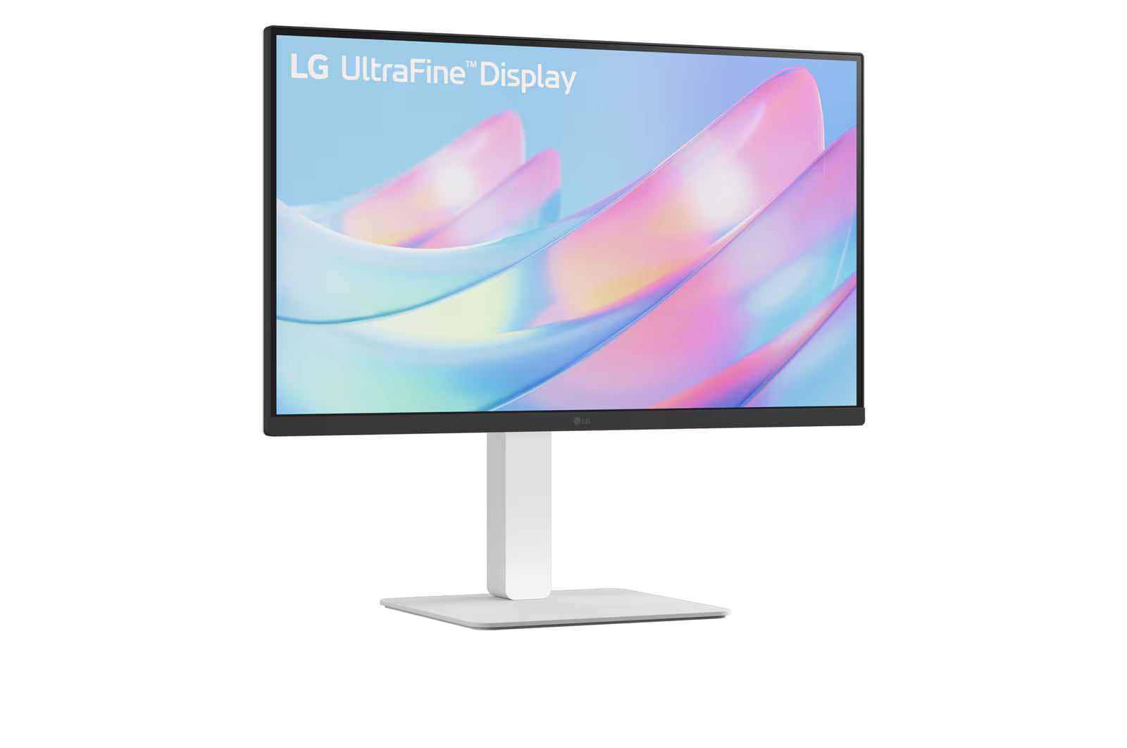 LG 27US550-W Monitor előlnézetben enyhén jobbra fordítva. A kijelzőn rózsaszínes világos kék absztrakt ábra és ultrafine display logó.