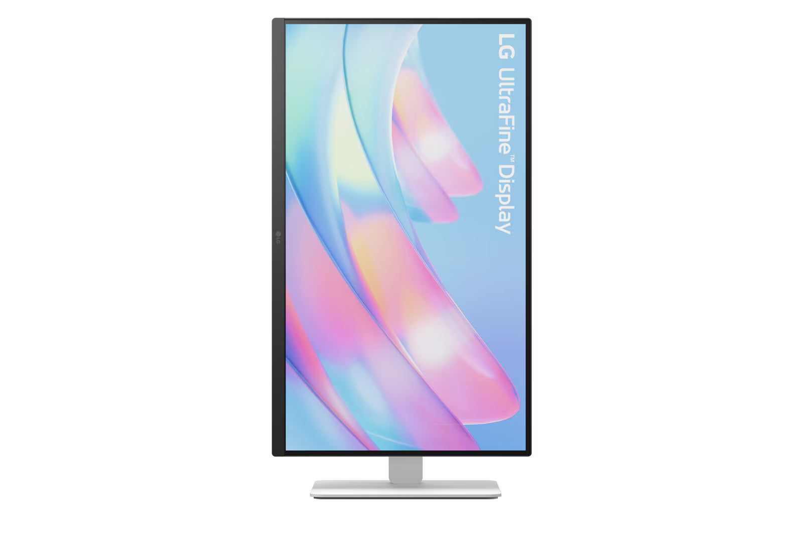 LG 27US500-W Monitor pivot módban elforgatva, talpon. A kijelzőn rózsaszínes világos kék absztrakt ábra és ultrafine display logó.